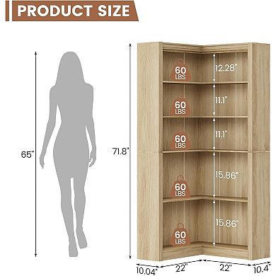Corner Bookshelf with 6 Tier Display Shelf, Large Corner Bookcase with L-Shaped