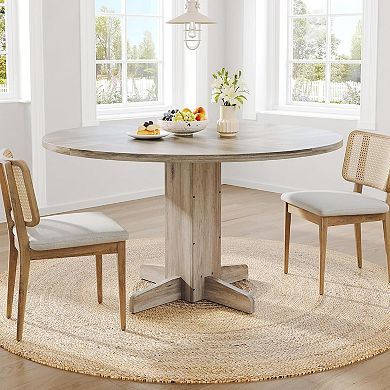 47" Round Farmhouse Walnut Wood Dining Table, Sturdy Pedestal Base, Seats 4-6 for Kitchen