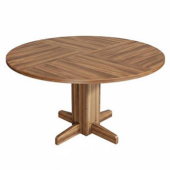 47" Round Farmhouse Walnut Wood Dining Table, Sturdy Pedestal Base, Seats 4-6 for Kitchen