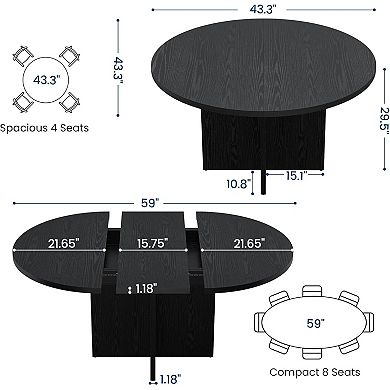 43.3"-59" Extendable Dining Table, Removable Leaves Round to Oval Kitchen Table, for Dining Room