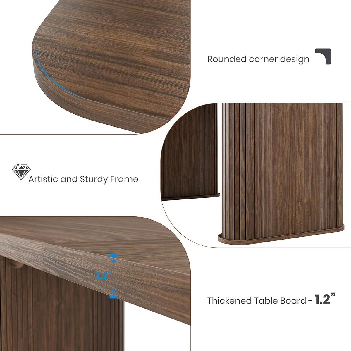 Diagram highlighting rounded corners, sturdy frame, and 1.2 in thick tabletop on modern dining table