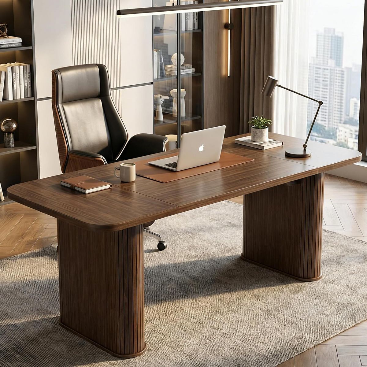Dark wood modern office or dining table with fluted pedestal base and rounded corners