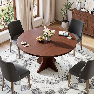 47" Round Dining Table, Wooden Base Circle Kitchen Dinner Table, Seats 4-6 for Dining Room