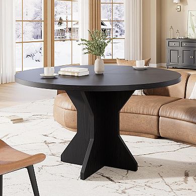 47" Round Dining Table, Wooden Base Circle Kitchen Dinner Table, Seats 4-6 for Dining Room