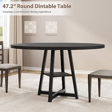 47" Round Industrial Dining Table, Wood Top Metal Base Kitchen Table with Storage Shelf, Seats 4-6