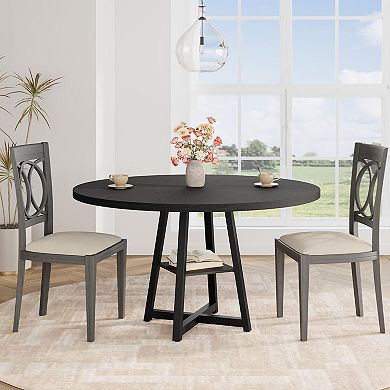 47" Round Industrial Dining Table, Wood Top Metal Base Kitchen Table with Storage Shelf, Seats 4-6