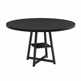 47" Round Industrial Dining Table, Wood Top Metal Base Kitchen Table with Storage Shelf, Seats 4-6