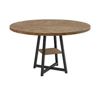 47" Round Industrial Dining Table, Wood Top Metal Base Kitchen Table with Storage Shelf, Seats 4-6