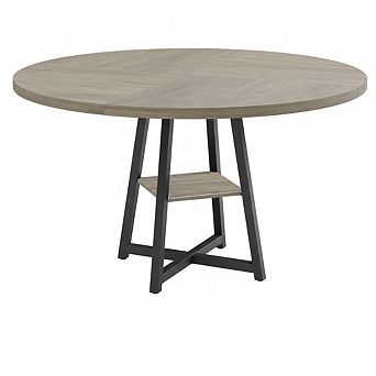 47" Round Industrial Dining Table, Wood Top Metal Base Kitchen Table with Storage Shelf, Seats 4-6