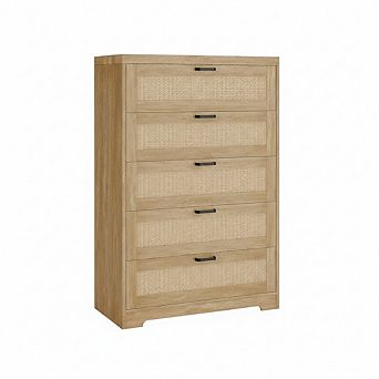 Tall Dresser for Bedroom, Wooden Chest of Drawers with Rattan Accents, for Living Room Entryway