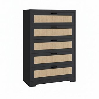 Tall Dresser for Bedroom, Wooden Chest of Drawers with Rattan Accents, for Living Room Entryway
