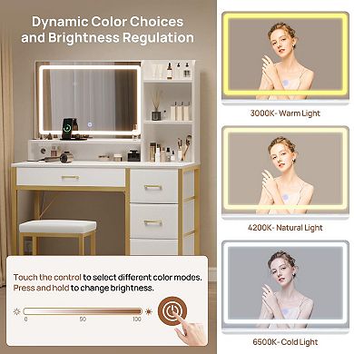 Lighted Vanity Desk with 3 Lighting Modes, Upholstered Stool, 4 Drawers, 4 Compartments
