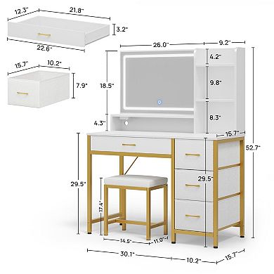 Lighted Vanity Desk with 3 Lighting Modes, Upholstered Stool, 4 Drawers, 4 Compartments