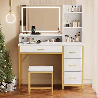 Lighted Vanity Desk with 3 Lighting Modes, Upholstered Stool, 4 Drawers, 4 Compartments