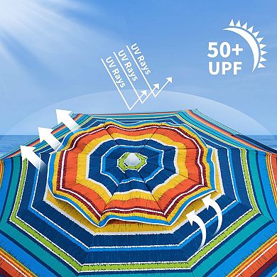 6.5ft Portable Windproof Patio Umbrella with UV Protection & Anchor, Yellow Stripes