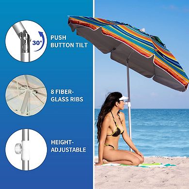 6.5ft Portable Windproof Patio Umbrella with UV Protection & Anchor, Yellow Stripes