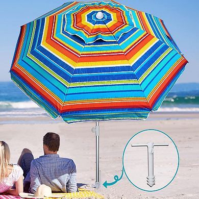 6.5ft Portable Windproof Patio Umbrella with UV Protection & Anchor, Yellow Stripes