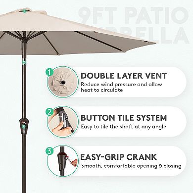 9ft Patio Umbrella with Push Button Tilt & Crank, UV Protection, Waterproof, 8 Ribs, for Garden, Dec