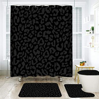 Leopard Print Shower Curtain Set with Rugs: 1 Curtain, 1 Bath Rug, 1 Toilet Mat, 1 Cushion, 12 Hooks