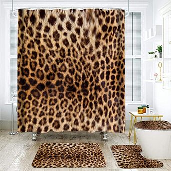 Leopard Print Shower Curtain Set with Rugs: 1 Curtain, 1 Bath Rug, 1 Toilet Mat, 1 Cushion, 12 Hooks