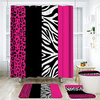 Leopard Print Shower Curtain Set with Rugs: 1 Curtain, 1 Bath Rug, 1 Toilet Mat, 1 Cushion, 12 Hooks