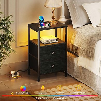 2 Drawer LED Lighted Nightstands with Charging Station: Perfect for Living Room or Bedroom