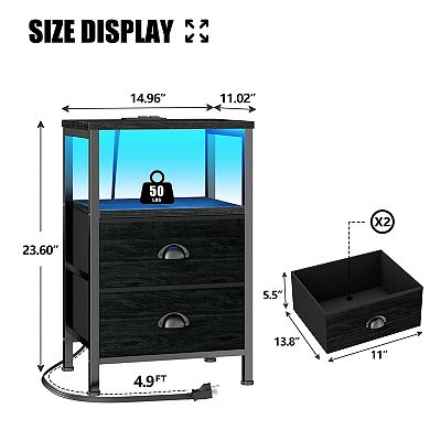2 Drawer LED Lighted Nightstands with Charging Station: Perfect for Living Room or Bedroom