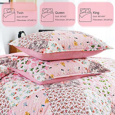 Extra Soft Boho Floral Bedspread Set - Reversible, Lightweight -Includes 1 Queen Quilt 2 Pillowcases