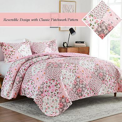 Extra Soft Boho Floral Bedspread Set - Reversible, Lightweight -Includes 1 Queen Quilt 2 Pillowcases