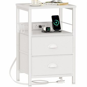 White Nightstand with Charging Station: 2 Drawers, 2 Hooks, USB & Outlets for Living Room/Bedroom