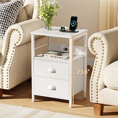 White Nightstand with Charging Station: 2 Drawers, 2 Hooks, USB & Outlets for Living Room/Bedroom
