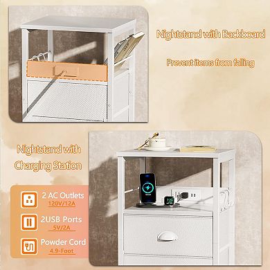 White Nightstand with Charging Station: 2 Drawers, 2 Hooks, USB & Outlets for Living Room/Bedroom