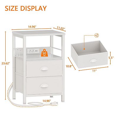 White Nightstand with Charging Station: 2 Drawers, 2 Hooks, USB & Outlets for Living Room/Bedroom