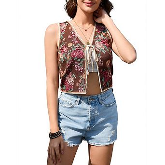 Women's Vest Jacket Vintage Floral Print Bow Tie Vest V Neck Sleeveless Jacket Outerwear
