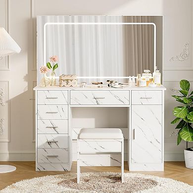 Vanity Desk with Power Outlet,Makeup Vanity with Large Mirror&LED Lights,7 Drawers & Cushioned Stool