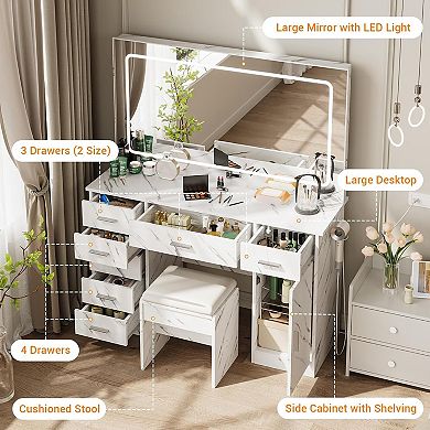 Vanity Desk with Power Outlet,Makeup Vanity with Large Mirror&LED Lights,7 Drawers & Cushioned Stool
