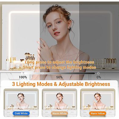 Vanity Desk with Power Outlet,Makeup Vanity with Large Mirror&LED Lights,7 Drawers & Cushioned Stool