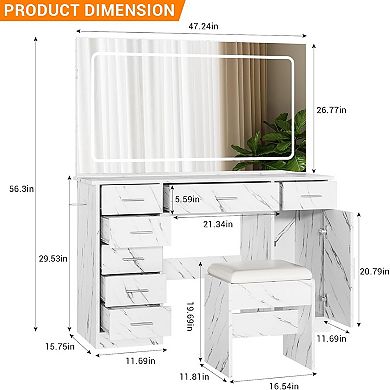 Vanity Desk with Power Outlet,Makeup Vanity with Large Mirror&LED Lights,7 Drawers & Cushioned Stool