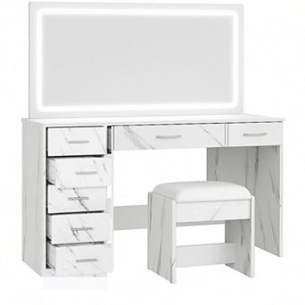 Vanity Desk with Power Outlet,Makeup Vanity with Large Mirror&LED Lights,7 Drawers & Cushioned Stool