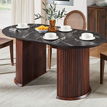 63" Oval Dining Table for 4-6, Modern Fluted Kitchen Table w/ Thick Edge for Dining Room Living Room