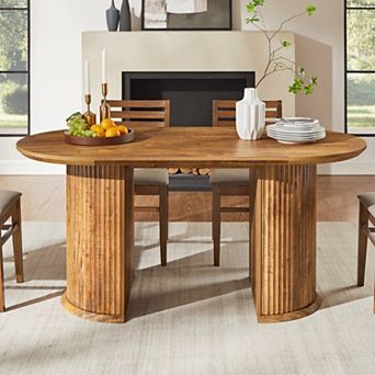 63" Oval Dining Table for 4-6, Modern Fluted Kitchen Table w/ Thick Edge for Dining Room Living Room