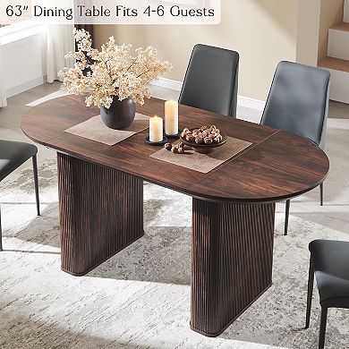 63" Oval Dining Table for 4-6, Modern Wood Kitchen & Dining Room Table with Fluted Base