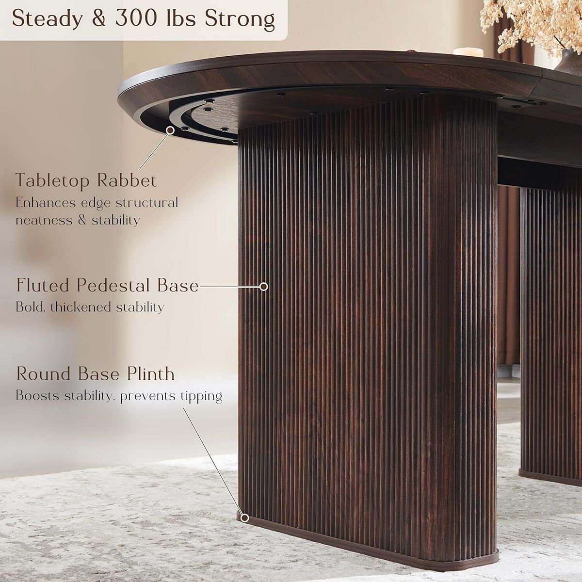 Close-up view of the table base showing ribbed fluted pedestal design