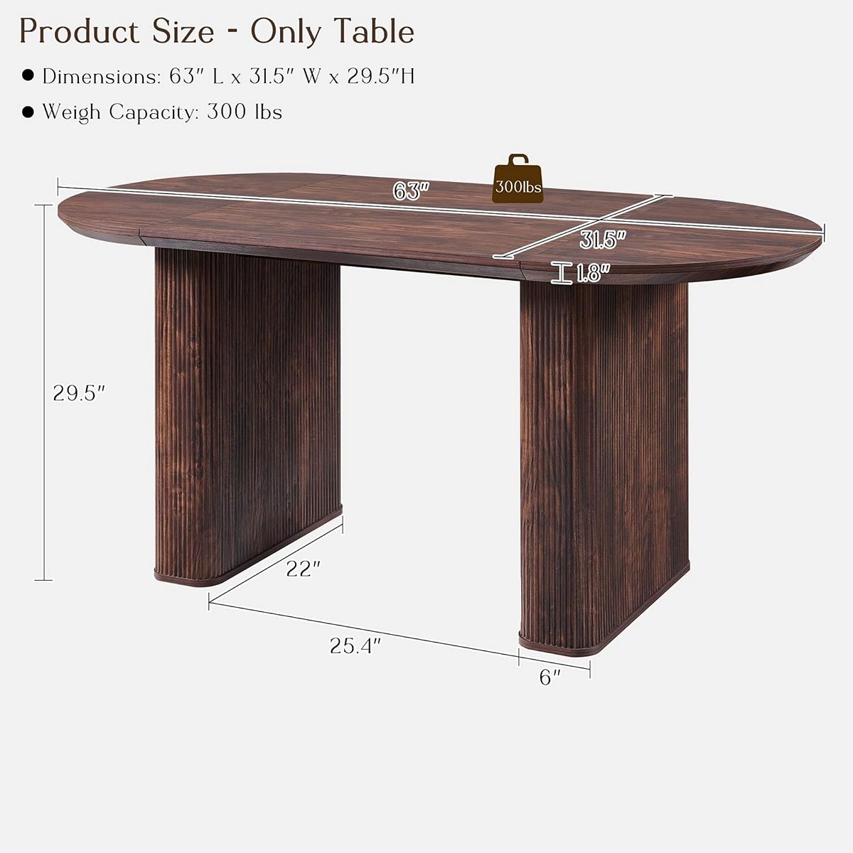 Product size diagram showing dimensions for the oval dining table