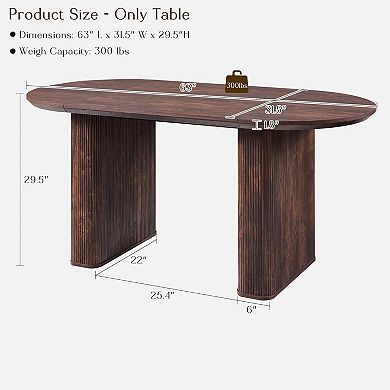 63" Oval Dining Table for 4-6, Modern Wood Kitchen & Dining Room Table with Fluted Base