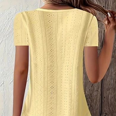 Women's Boho Lace Hollow Out Blouse Short Sleeve Ruffled Casual Summer Top