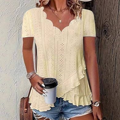 Women's Boho Lace Hollow Out Blouse Short Sleeve Ruffled Casual Summer Top
