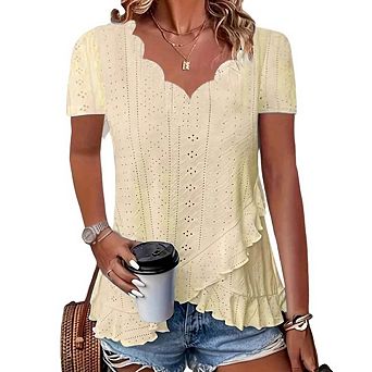 Women's Boho Lace Hollow Out Blouse Short Sleeve Ruffled Casual Summer Top