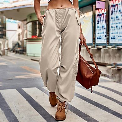 Women's Baggy Cargo Pants Drawstring Mid Waist Loose Trousers Solid Color Parachute Wide Leg Pants