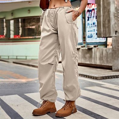 Women's Baggy Cargo Pants Drawstring Mid Waist Loose Trousers Solid Color Parachute Wide Leg Pants